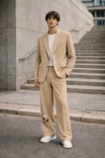 Men’s Beige Tailored Suit with Subtle Floral Detail - Image 4