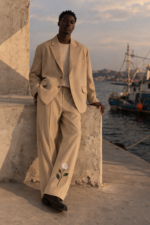 Men’s Beige Wide Leg Pants with Floral Detail - Image 4